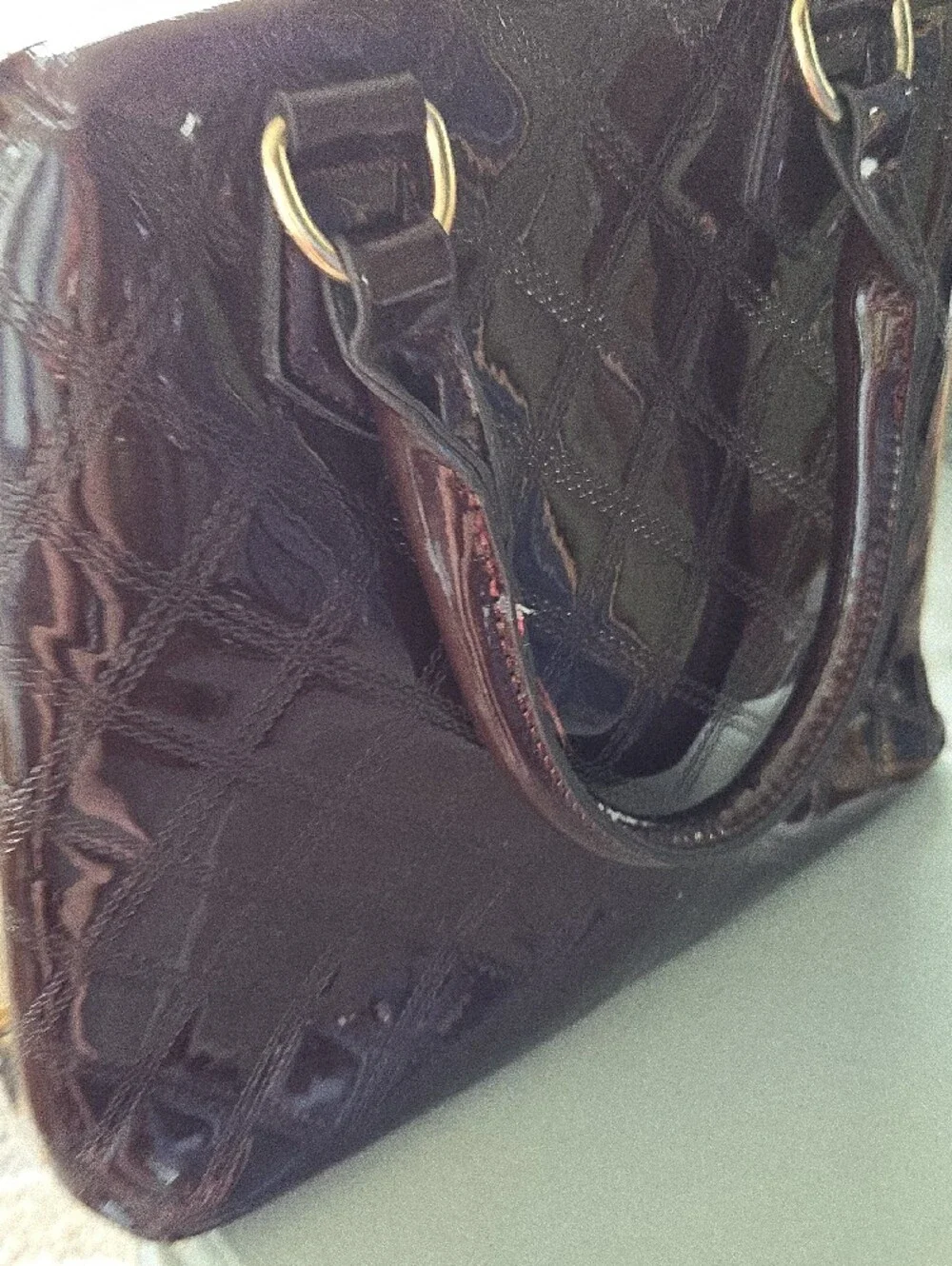 Gloss Quilted Satchel Bag in Dark Brown with Gold Frame